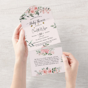 Invitation Tout En Un Élégantes roses roses avec papillons Baby Shower