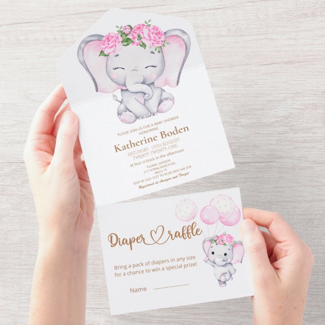 Invitation Tout En Un Eléphant et fleur de fille tout en un (Créateur téléchargé)