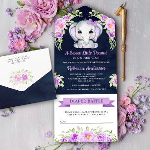 Invitation Tout En Un Éléphant Floral au Nœud Violet Bleu Marine Baby Sh