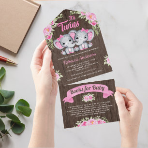 Invitation Tout En Un Éléphant Floral Rose Filles Jumelles Bois Baby Sho