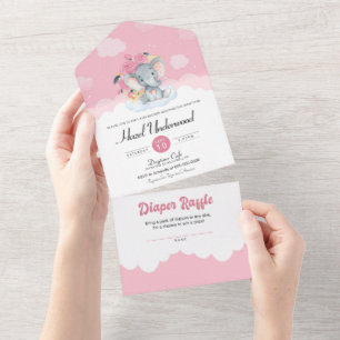 Invitation Tout En Un Eléphant rose Floral Petit Baby shower d'arachide