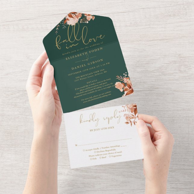 Invitation Tout En Un Emerald Fall In Love Floral Details RSVP Mariage (Déchirure)