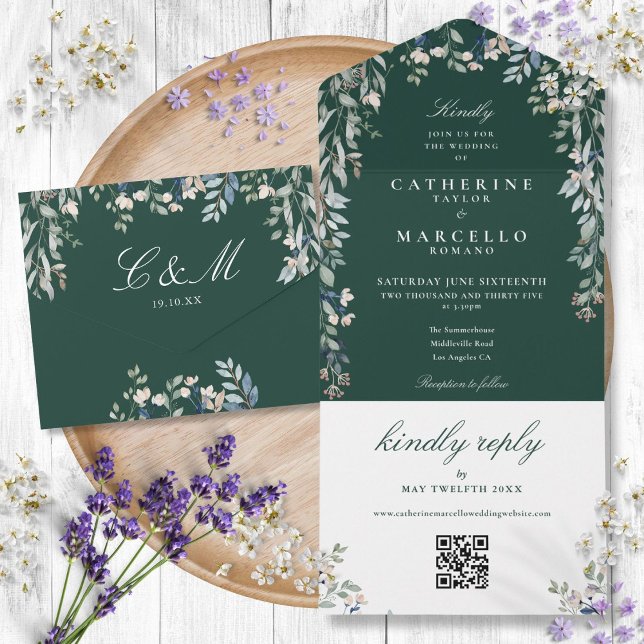 Invitation Tout En Un Emerald Floral Greenery QR Code Mariage (Emerald Floral Greenery QR Code Wedding All In One Invitation)