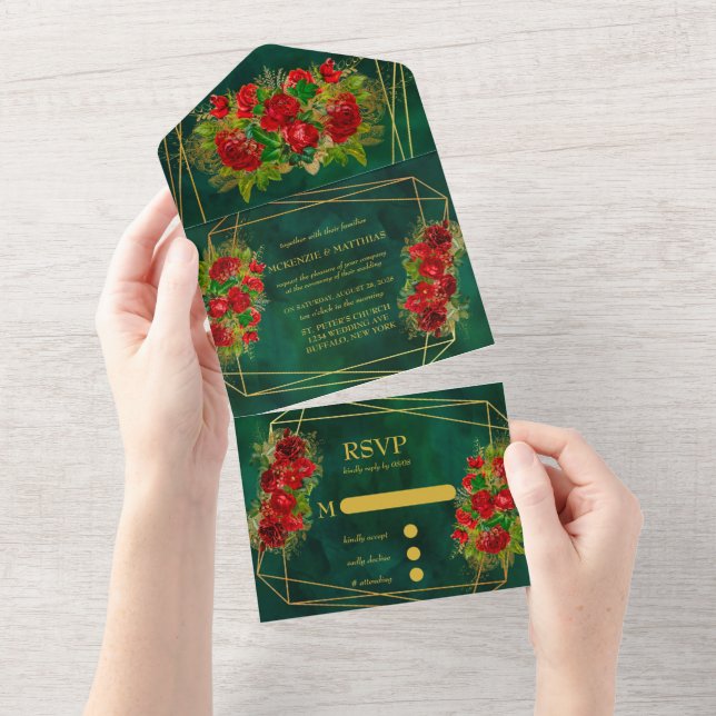 Invitation Tout En Un Emerald Gold Géométrique Rouge Floral Mariage (Déchirure)