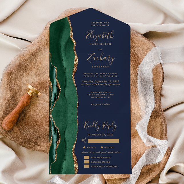 Invitation Tout En Un Emerald Green Agate Navy Blue Meal Options Wedding (Créateur téléchargé)