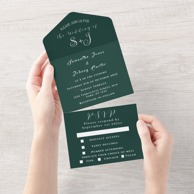Invitation Tout En Un Emerald Green Boho Unique Élégant Mariage Script A (Déchirure)