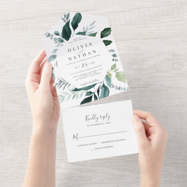 Invitation Tout En Un Emerald Green Cadre Feuille Mariage tout en un (Déchirure)