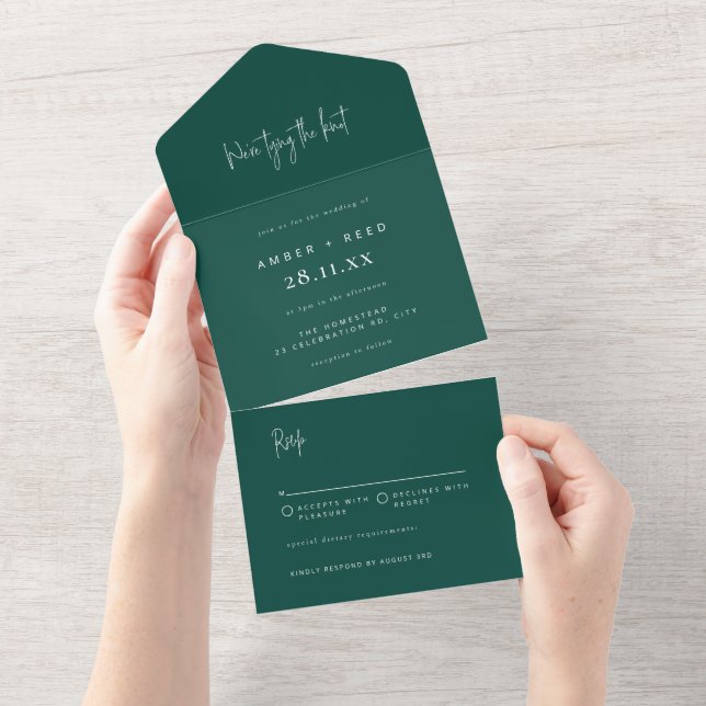 Invitation Tout En Un Emerald Green Élégant Script Tear Off Mariage     (Déchirure)