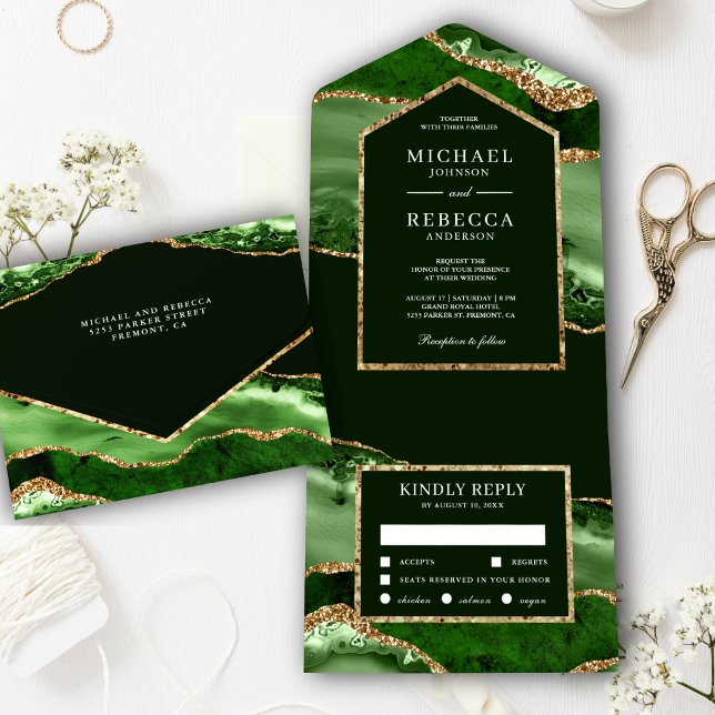 Invitation Tout En Un Emerald Green et Gold Agate Mariage en marbre (Créateur téléchargé)