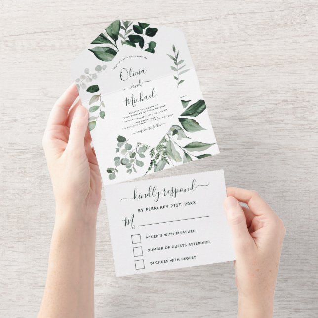 Invitation Tout En Un Emerald Green Eucalyptus Greenery Wedding RSVP (Déchirure)