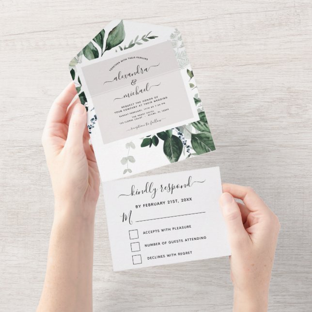 Invitation Tout En Un Emerald Green Eucalyptus Greenery Wedding RSVP (Déchirure)
