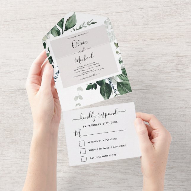 Invitation Tout En Un Emerald Green Eucalyptus Greenery Wedding RSVP (Déchirure)