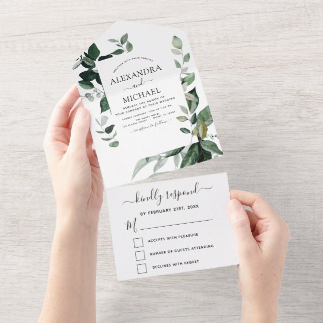 Invitation Tout En Un Emerald Green Eucalyptus Greenery Wedding RSVP (Déchirure)