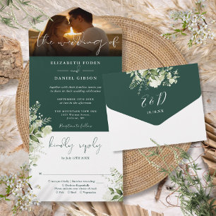 Invitation Tout En Un Emerald Green Floral Greenery Photo Mariage