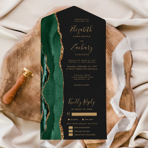 Invitation Tout En Un Emerald Green Gold Agate Options de repas Mariage 