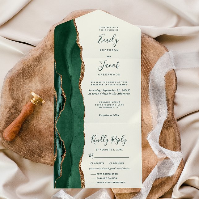 Invitation Tout En Un Emerald Green Gold Ivory Meal Options Wedding (Créateur téléchargé)