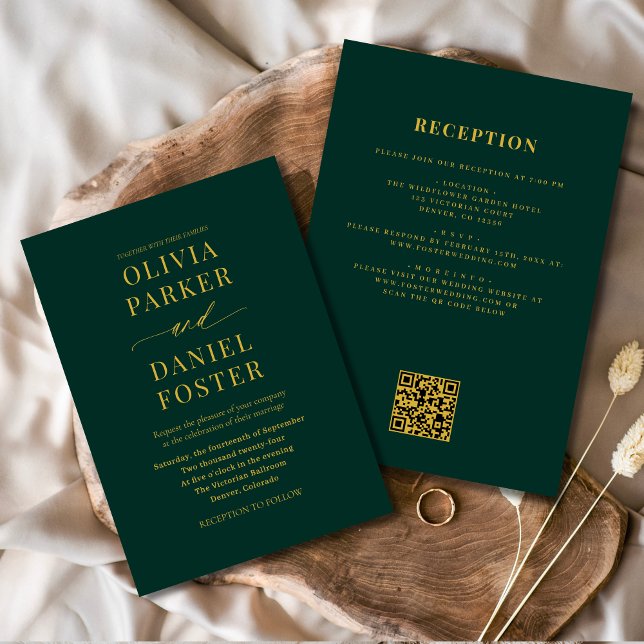 Invitation Tout en un Emerald Green Gold QR Code Mariage (Créateur téléchargé)