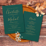 Invitation Tout en un Emerald Green Mariage de script or<br><div class="desc">Doté de noms de style signature,  cet élégant faire-part de mariage vert émeraude et or peut être personnalisé avec toutes vos informations spéciales sur le jour de mariage au verso,  y compris votre RSVP,  l'hébergement et des détails supplémentaires. Conçu par Thisisnotme©</div>
