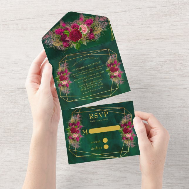 Invitation Tout En Un Emerald Green Peony Rose Mariage (Déchirure)