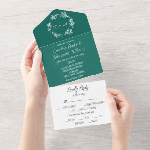 Invitation Tout En Un Emerald Green Simple Moderne Mariage Monogramme