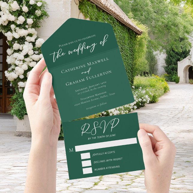 Invitation Tout En Un Emerald Green Typographie Mariage forestier (Créateur téléchargé)