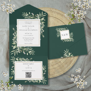 Invitation Tout En Un Emerald Greenery Floral QR Code Mariage