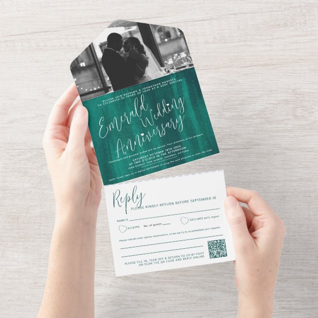 Invitation Tout En Un Emerald Mariage 55th photo QR code option RSVP (Déchirure)