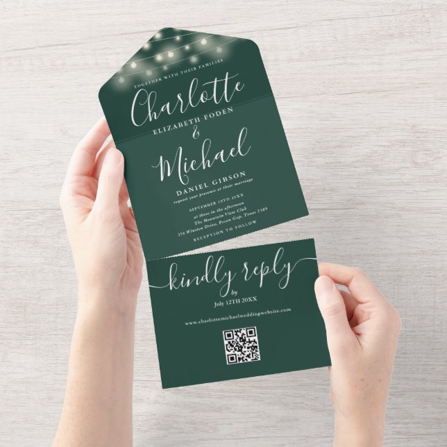Invitation Tout En Un Emerald String Lights QR Code Monogram Mariage (Déchirure)