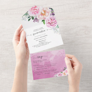 Invitation Tout En Un en espagnol, Fuchsia Élégant, Quinceañera Rose Cha