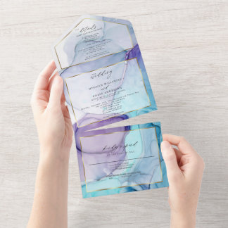 Invitation Tout En Un Encre Abstraite Violet Aqua