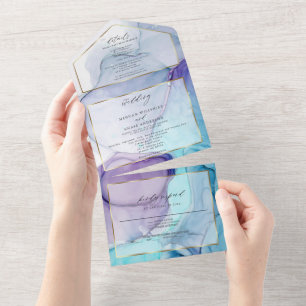 Invitation Tout En Un Encre Abstraite Violet Aqua Époustouflante
