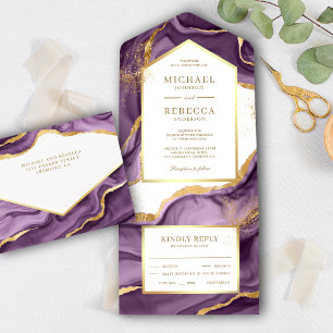 Invitation Tout En Un Encre fluide abstraite feuille d'or violet prune m