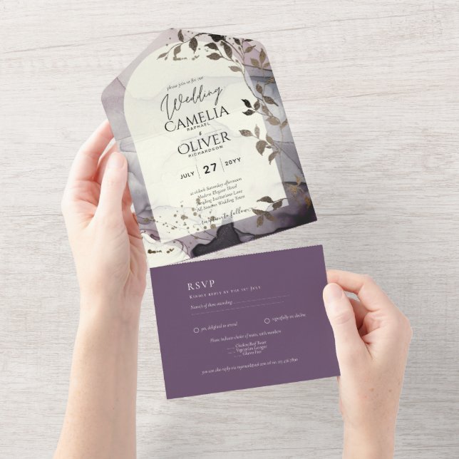 Invitation Tout En Un Encre Ombre Lilac Mariage d'argent ivoire tout en  (Déchirure)