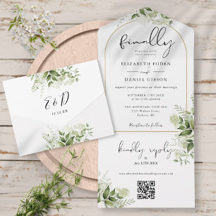 Invitation Tout En Un Enfin Mariage Code QR Floral Vert feuillage Or