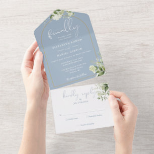 Invitation Tout En Un Enfin Mariage Or Poussiéreux Vert Feuillage Bleu