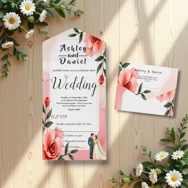Invitation Tout En Un Épouse Romantique Rose Dusty Et Mariage Floral (Créateur téléchargé)
