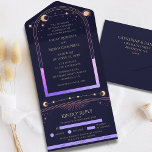 Invitation Tout En Un Espace astronomique céleste arc-en-ciel Sun Star M<br><div class="desc">Celestial Rainbow Sun Star Moon Astronomy Space All In One Wedding Invitations présente soleil argenté, lune et étoiles avec un cadre de couleur arc-en-ciel sur un arrière - plan bleu foncé. À l'intérieur, vous trouverez vos informations d'invitation de mariage personnalisées. Ci-dessous est la carte RSVP amovible avec trois options de...</div>