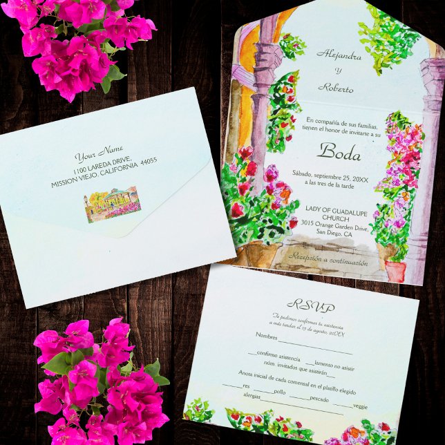 Invitation Tout En Un Espagnol, Aquarelle Florale Vielle ville Mexique M (Créateur téléchargé)