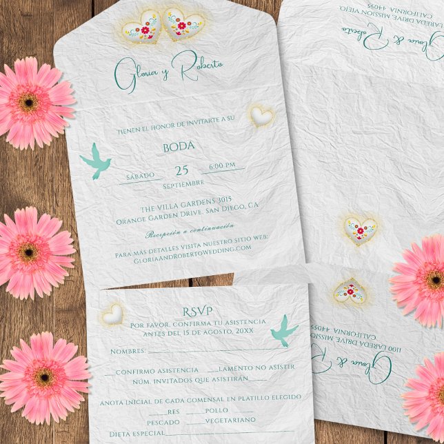 Invitation Tout En Un Espagnol Coeur Blanc Fleurs Doves Mariage mexicain (Créateur téléchargé)