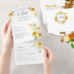 Invitation Tout En Un Espagnol Elegant Jaune Mariage Tear RSVP