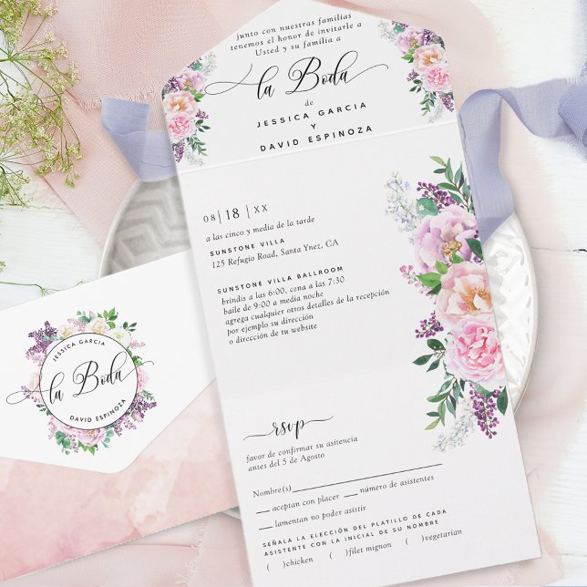Invitation Tout En Un Espagnol Elegant Pastel Purple Mariage Tear RSVP (Créateur téléchargé)