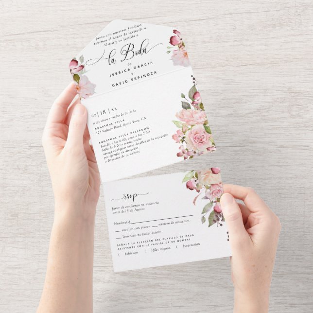 Invitation Tout En Un Espagnol, Rose Brousse Bourgogne Mariage Tear Off  (Déchirure)