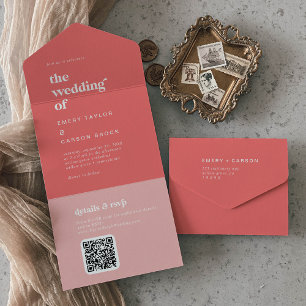 Invitation Tout En Un Été rétro Mariage rose chaud