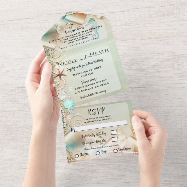 Invitation Tout En Un Étoile de mer romantique de la plage et perles mar (Déchirure)