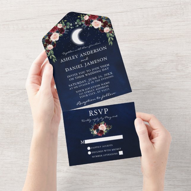 Invitation Tout En Un Étoiles céleste de la lune Bourgogne Mariage flora (Déchirure)