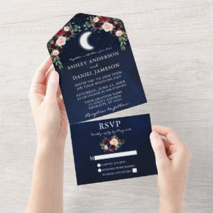 Invitation Tout En Un Étoiles céleste de la lune Bourgogne Mariage flora