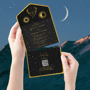 Invitation Tout En Un Étoiles célestes Crescent Lune Mariage d'or noir