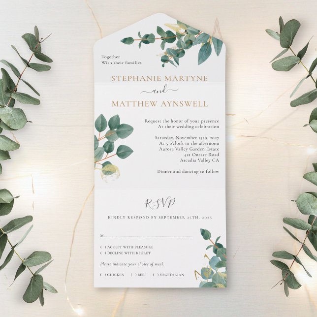Invitation Tout En Un Eucalyptus Aquarelle Feuille or Mariage (Créateur téléchargé)