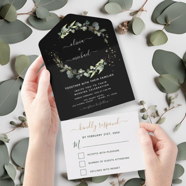Invitation Tout En Un Eucalyptus Black Green Mariage Élégant Moderne (Créateur téléchargé)