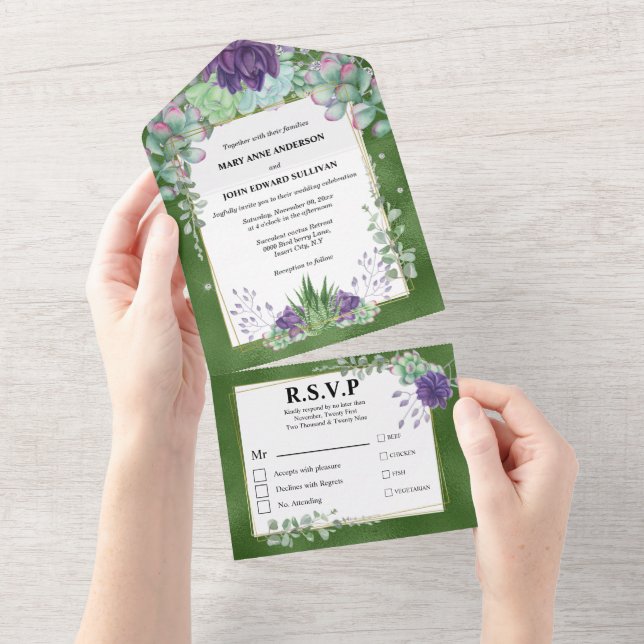 Invitation Tout En Un Eucalyptus cactus émeraude violet shimmer mariage (Déchirure)